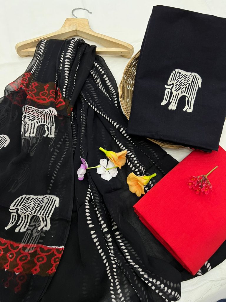 Black elephant block print cotton suit with chiffon dupatta