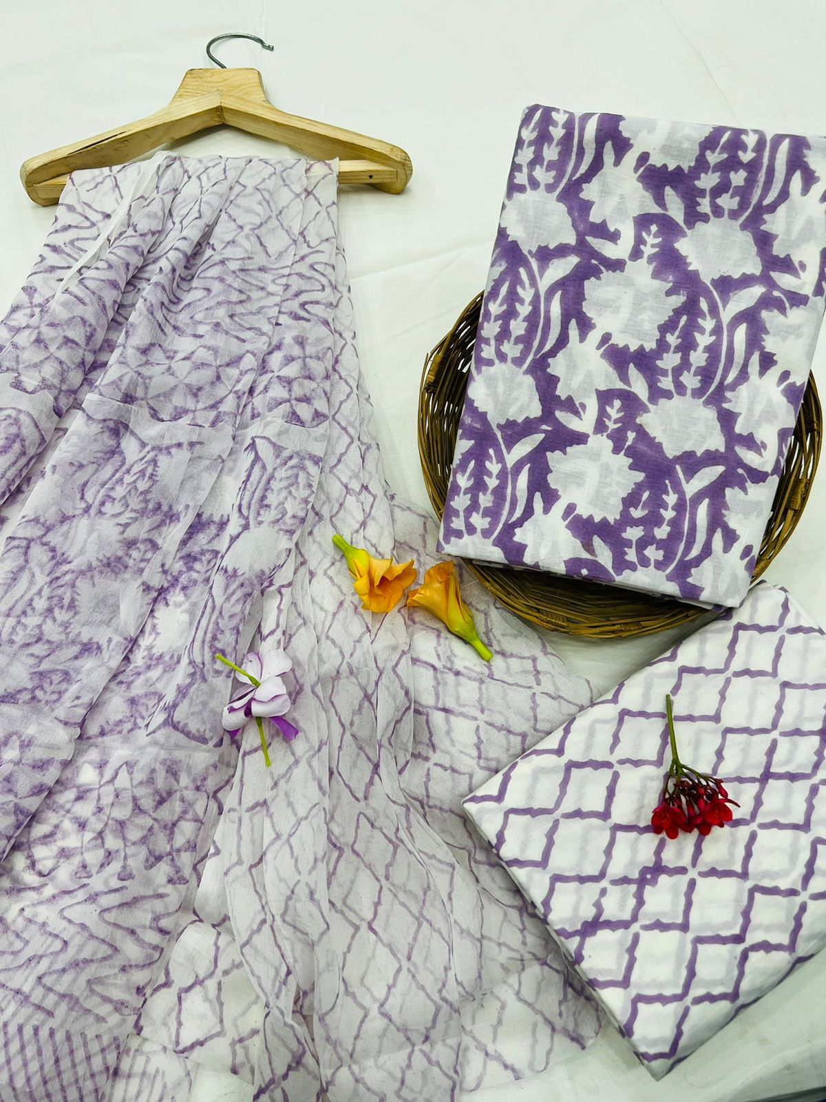 Purple block printed cotton ethnic wear ladies suits with chiffon dupatta