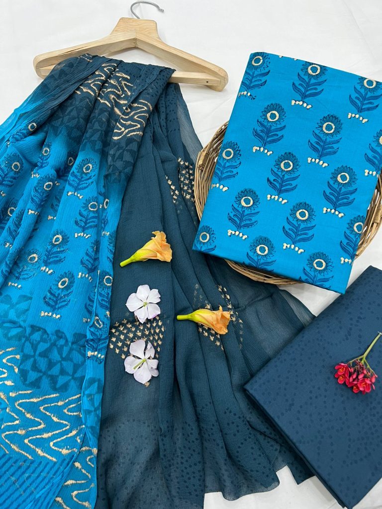 Brandeis Blue cotton block printed ethnic ladies salwar kameez with chiffon dupatta