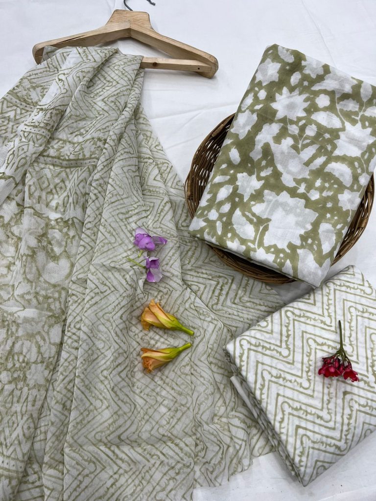 Asparagus green pure cotton hand block printed suits with chiffon dupatta