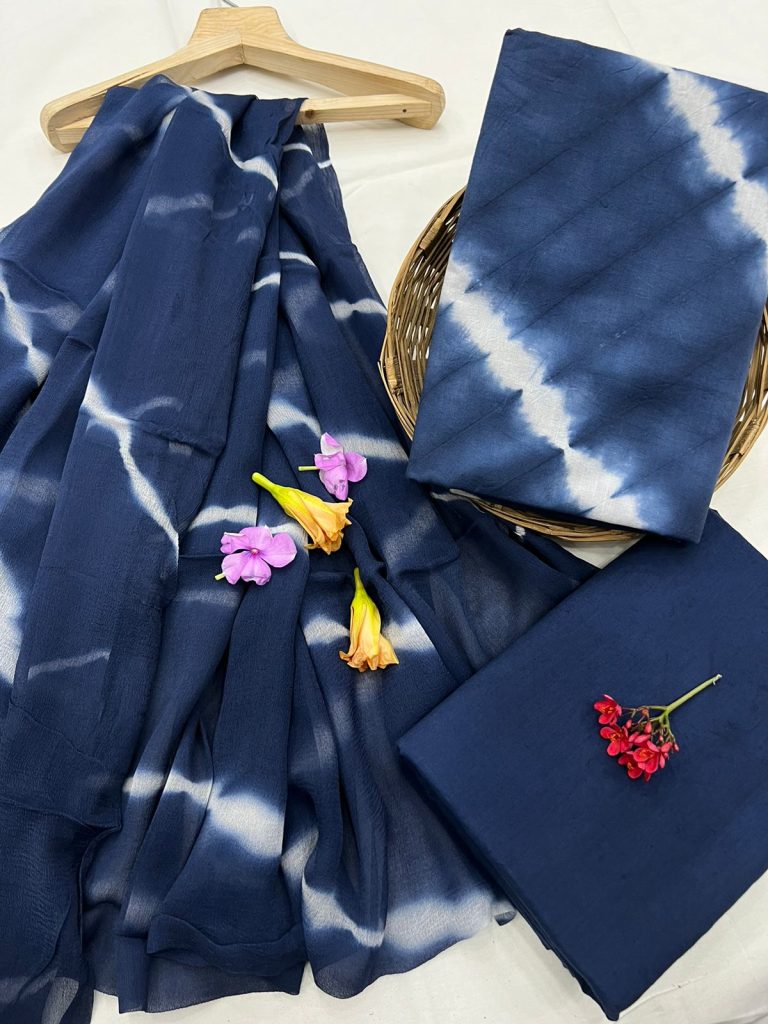 Indigo blue shibori print cotton suit with chiffon dupatta