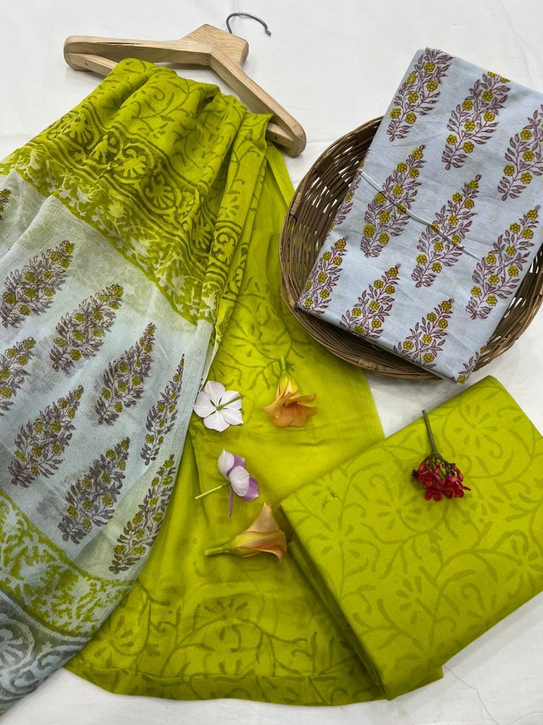 Citron Cotton hand block printed salwar suits with chiffon dupatta