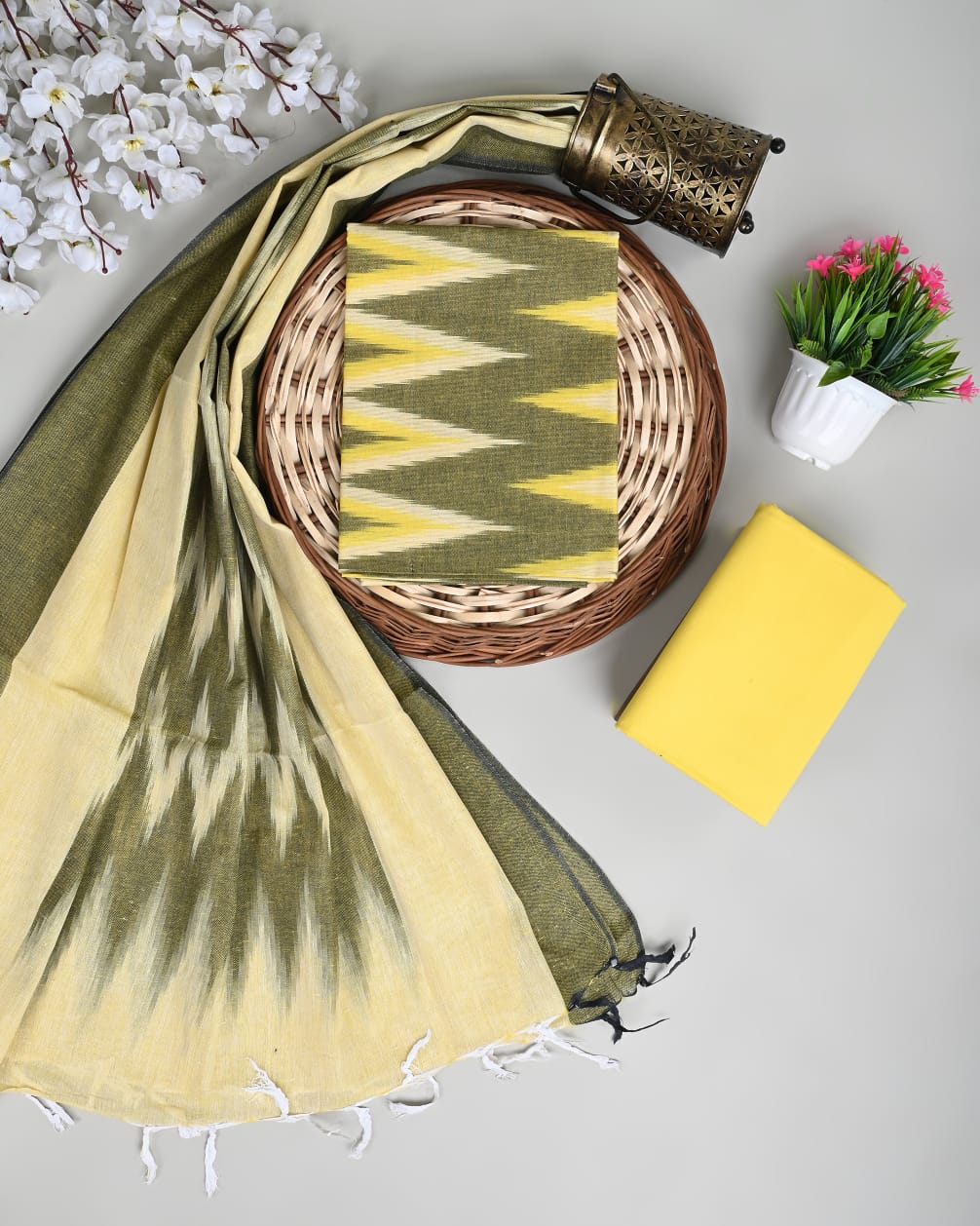 Mehandi green and yellow weaving ikat salwar suit