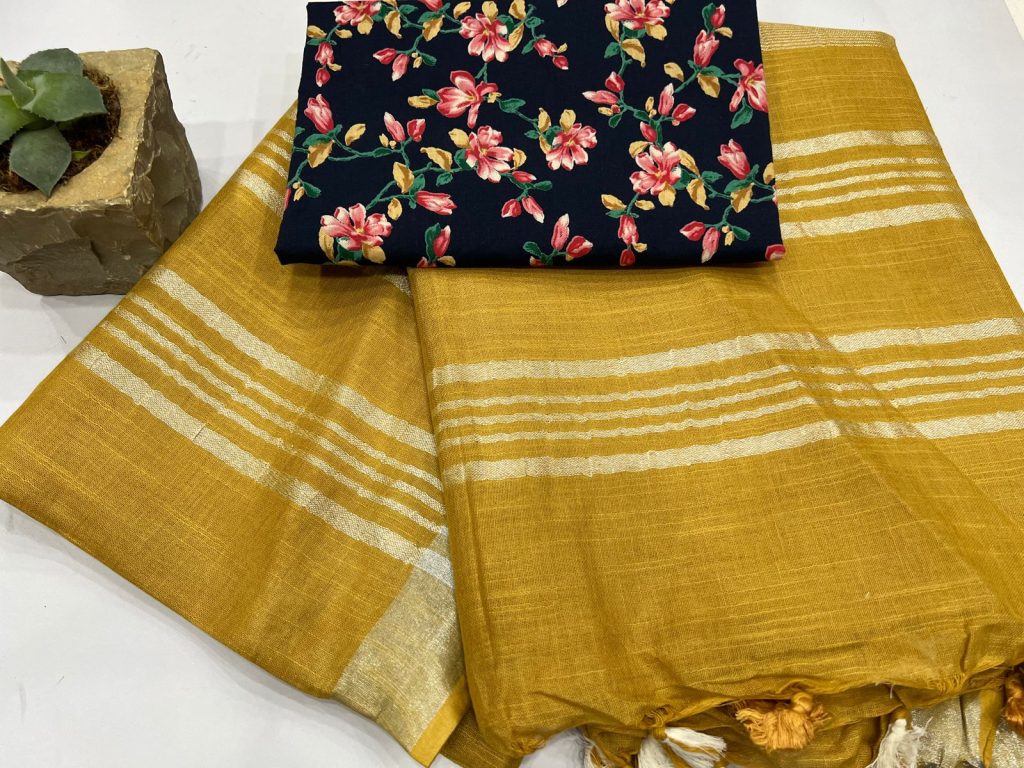 DarkGoldenrod color plain best linen sarees with printed blouse