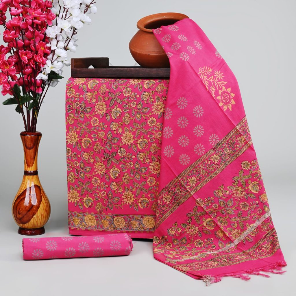 Cerise cotton hand block printed salwar suits with chanderi cotton dupatta