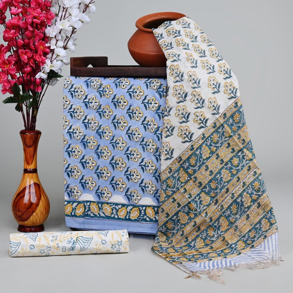 Cornflower Blue cotton hand block print suit with chanderi cotton dupatta