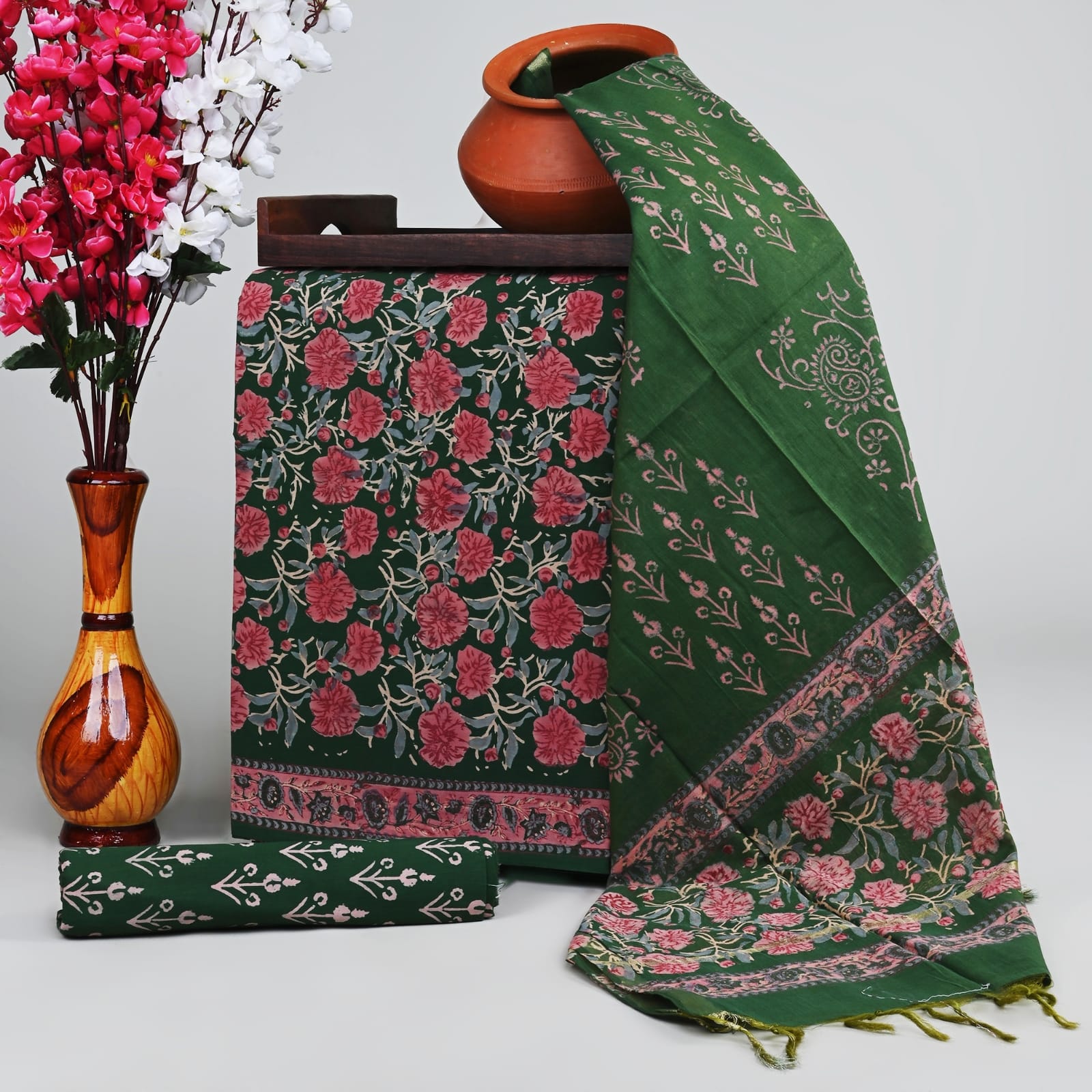 Brunswick Green cotton hand block floral printed salwar suits with chanderi cotton dupatta