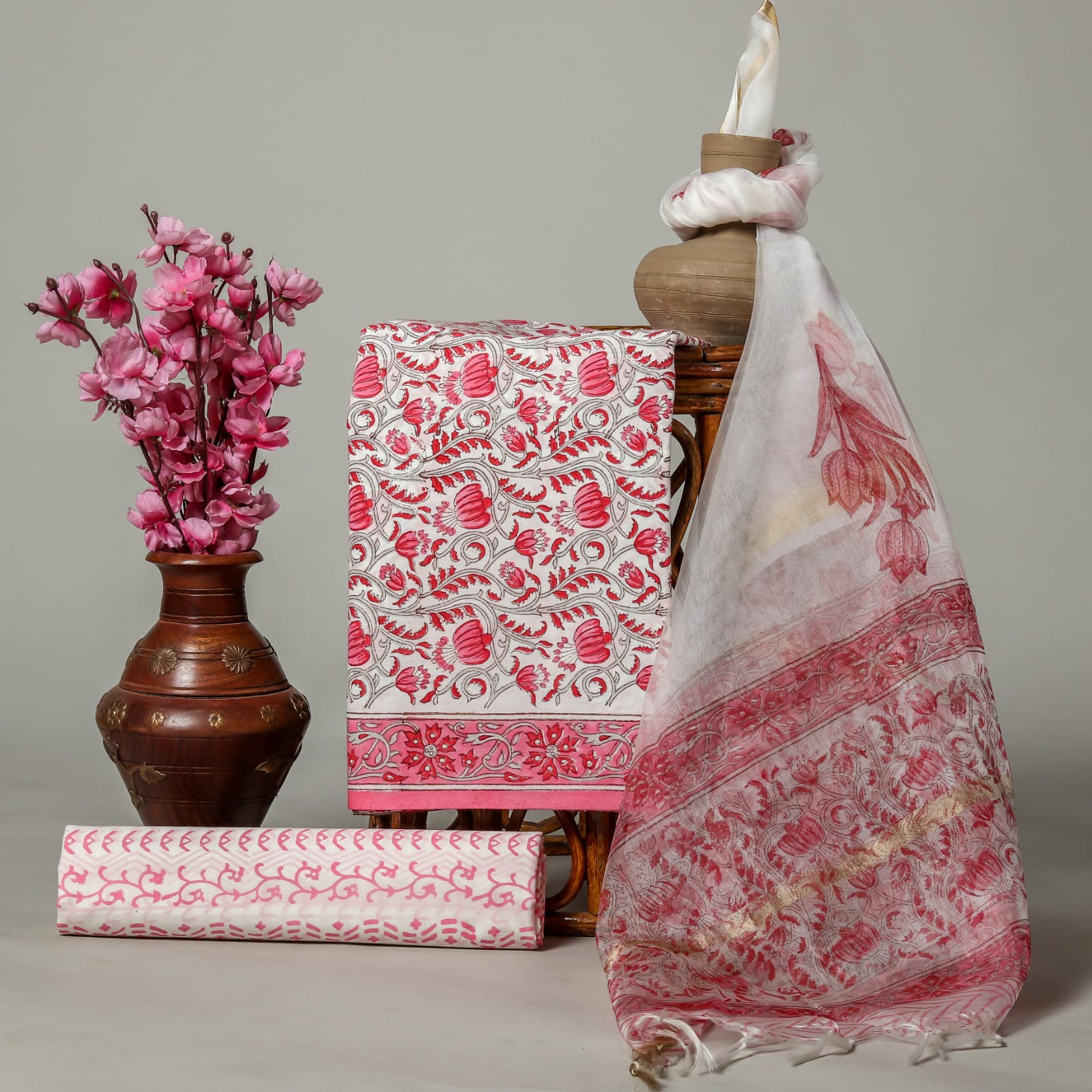 French Pink hand block printed cotton suits with organza dupatta fabric