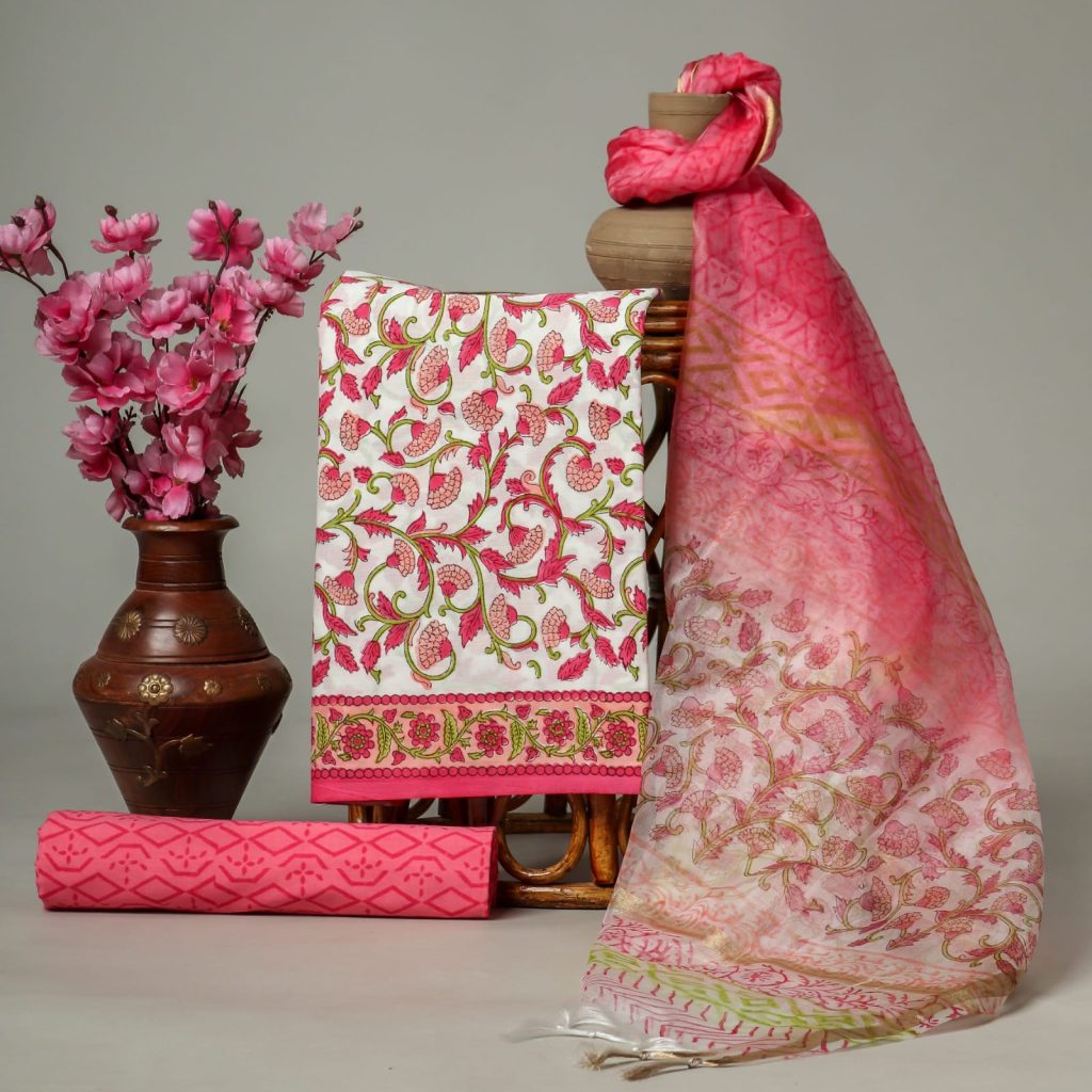 French Rose hand block printed cotton suits with organza dupatta