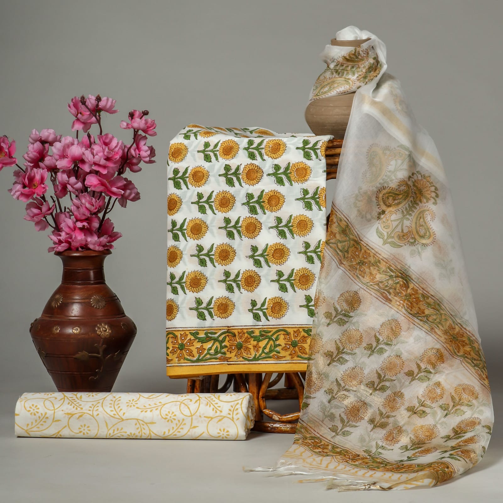 Sunflower block printed suit with organza dupatta india