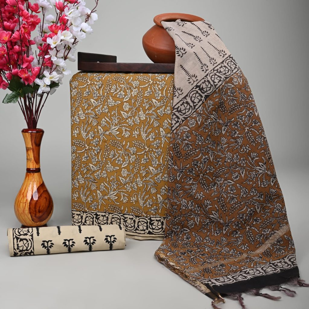 Bronze bagru print cotton suit with chanderi cotton dupatta