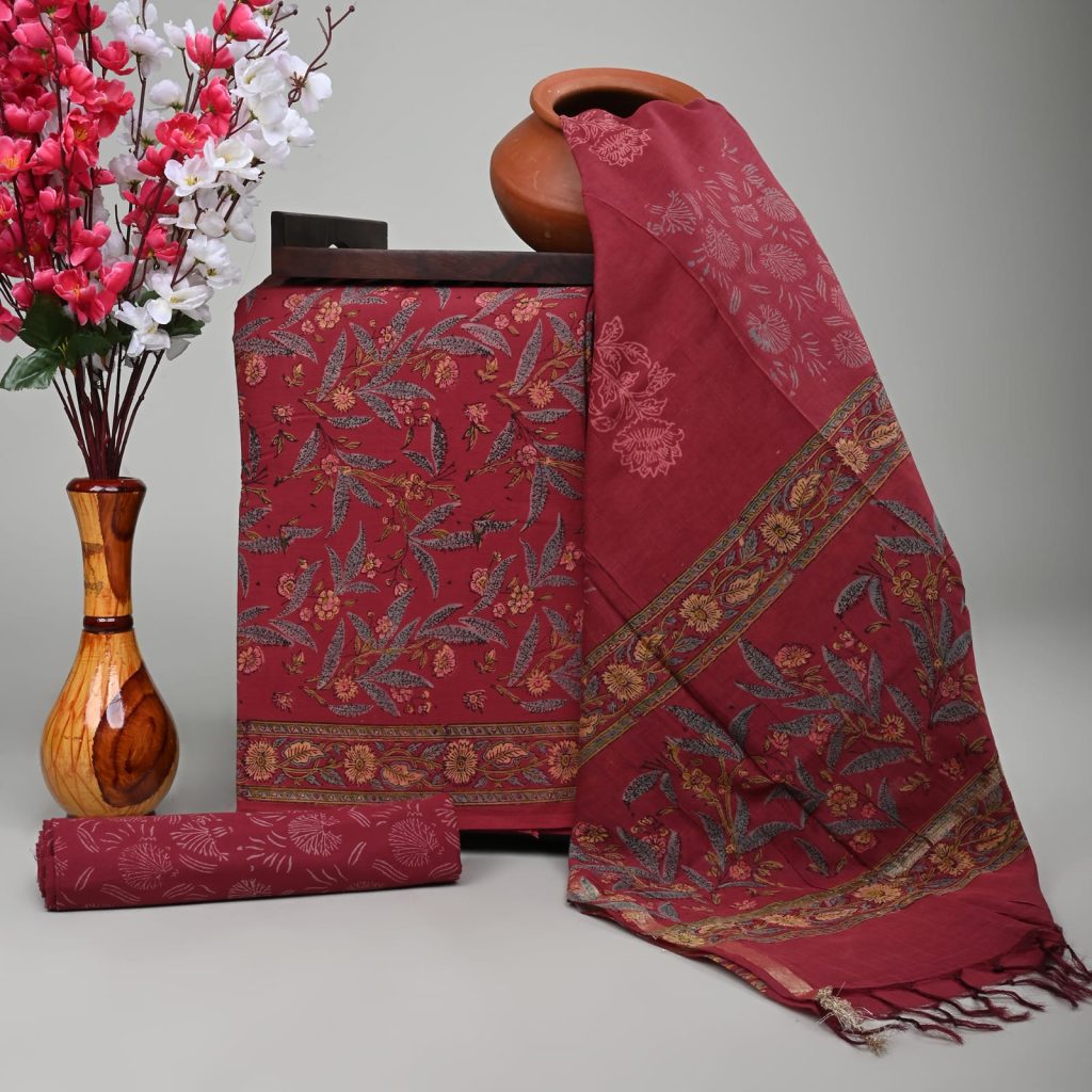 Bright Maroon printed cotton suit with chanderi cotton dupatta