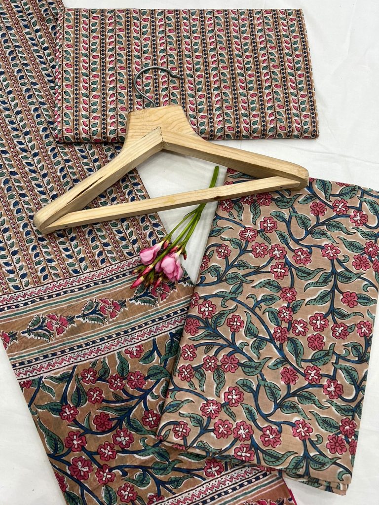 Beaver brown daily wear cotton jaipuri salwar suit design with cotton dupatta