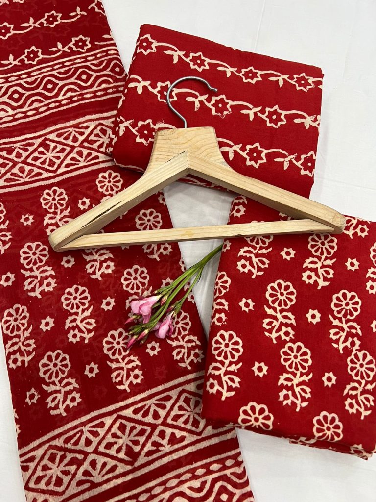 Falu Red printed unstitched salwar suit material online with cotton dupatta