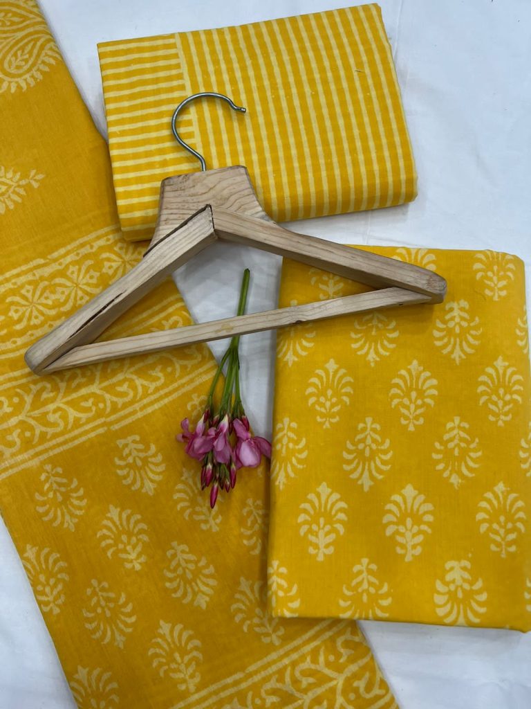 Gold poppy cotton unstitched designer salwar kameez with mulmul dupatta