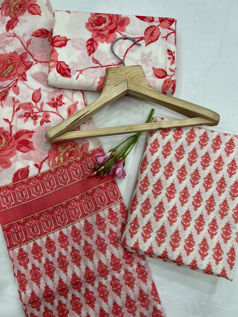 Wild orchid cotton printed unstitched punjabi suit material with mulmul dupatta