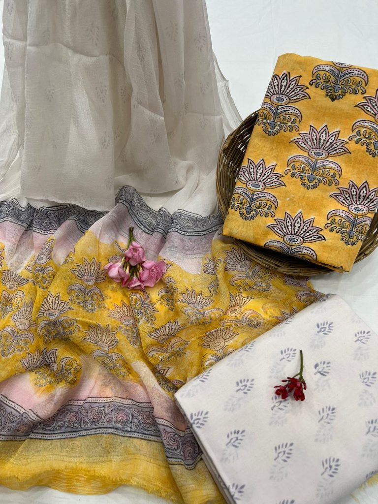 Amber yellow cotton jaipur block print salwar suits with chiffon dupatta
