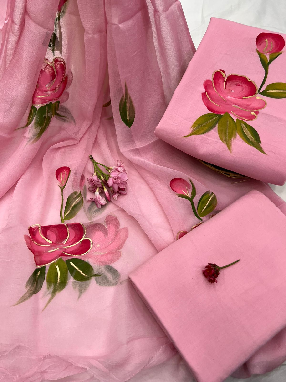 Baker-Miller Pink Cotton hand painted suits price with chiffon dupatta