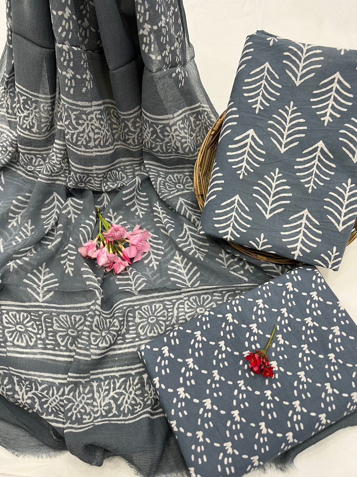 Battleship Gray cotton block print suits online with chiffon dupatta