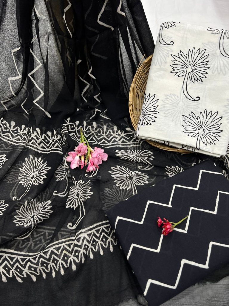 Black and white cotton jaipuri block print suit with chiffon dupatta