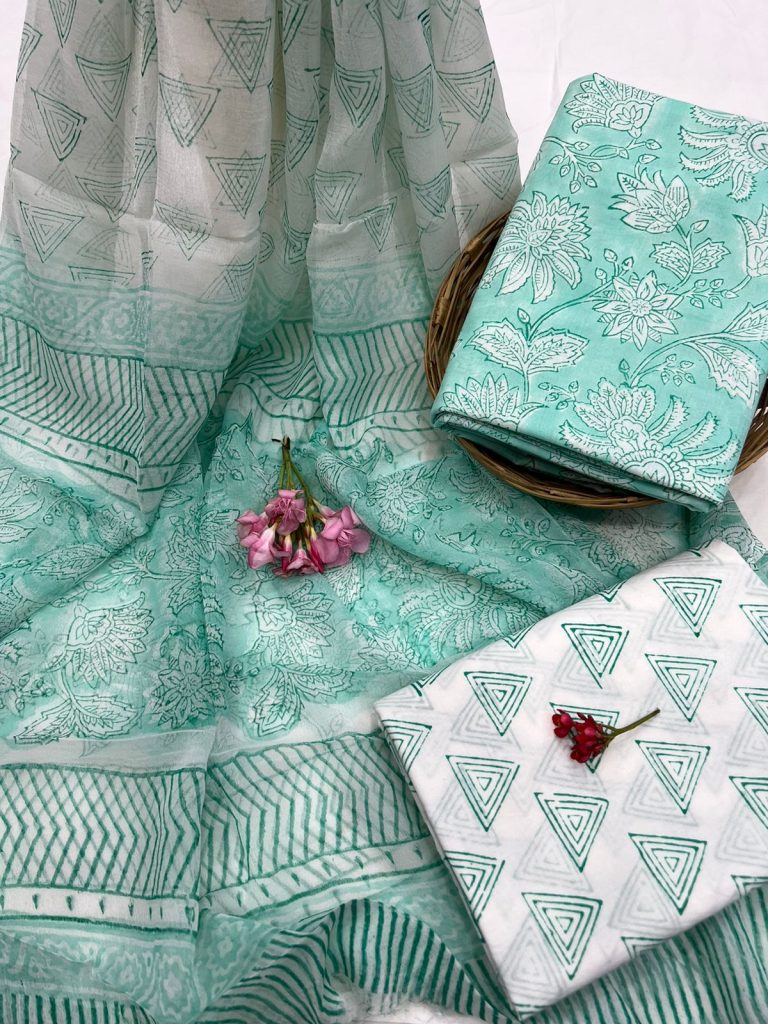 Bright Turquoise block printed cotton salwar kameez online with chiffon dupatta