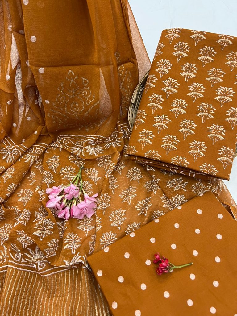 Bronze cotton hand block print salwar kameez with chiffon dupatta