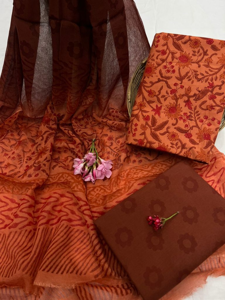 Burnt Orange cotton block print salwar suits online with chiffon dupatta