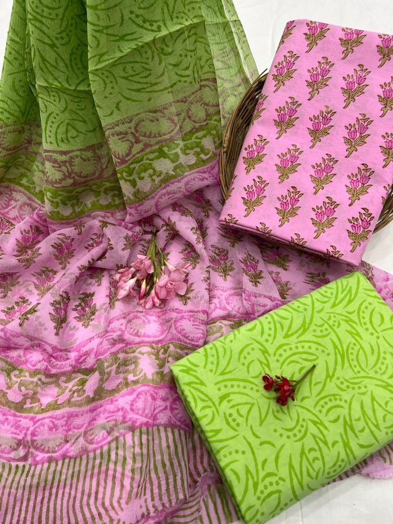 Carnation Pink and Chartreuse cotton block print suits jaipur with chiffon dupatta