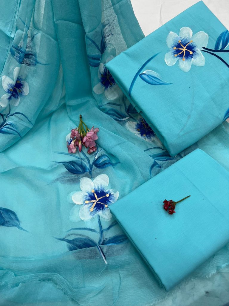 Cyan blue cotton hand paint suit online with chiffon dupatta