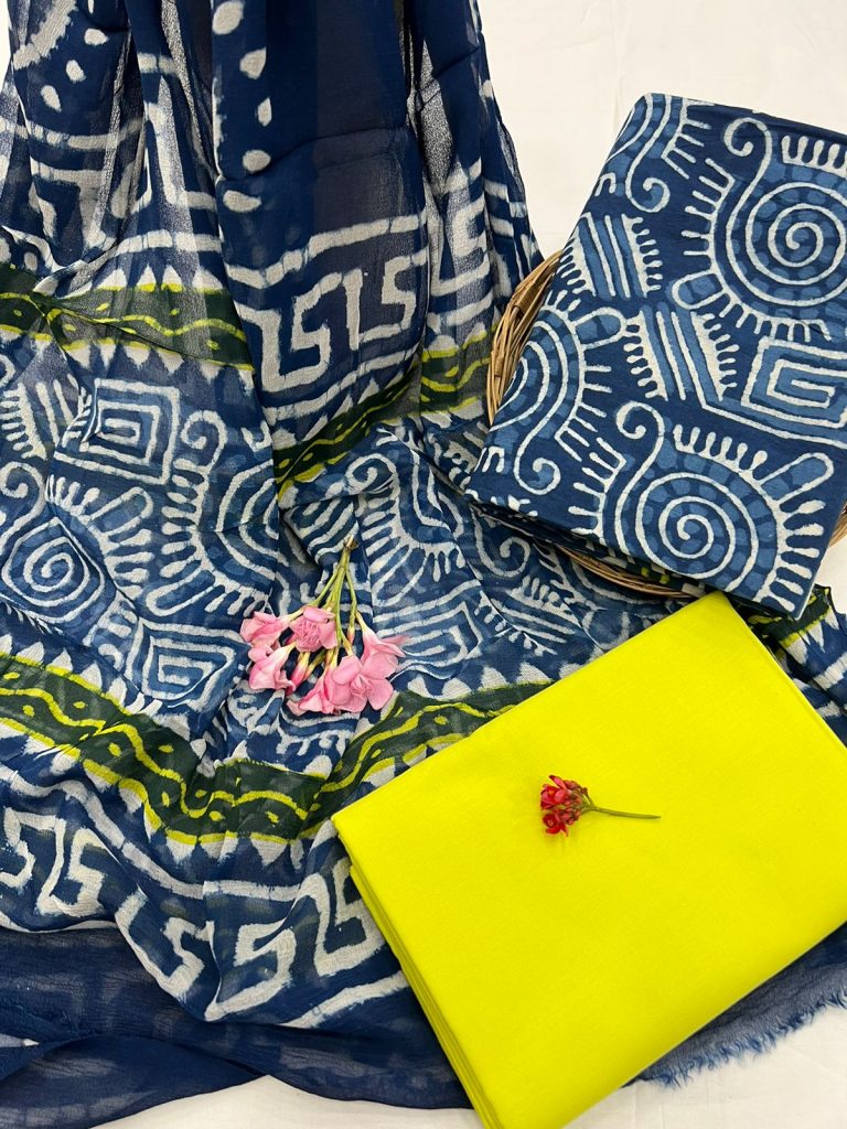 Indigo blue and yellow block print suits online india with chiffon dupatta
