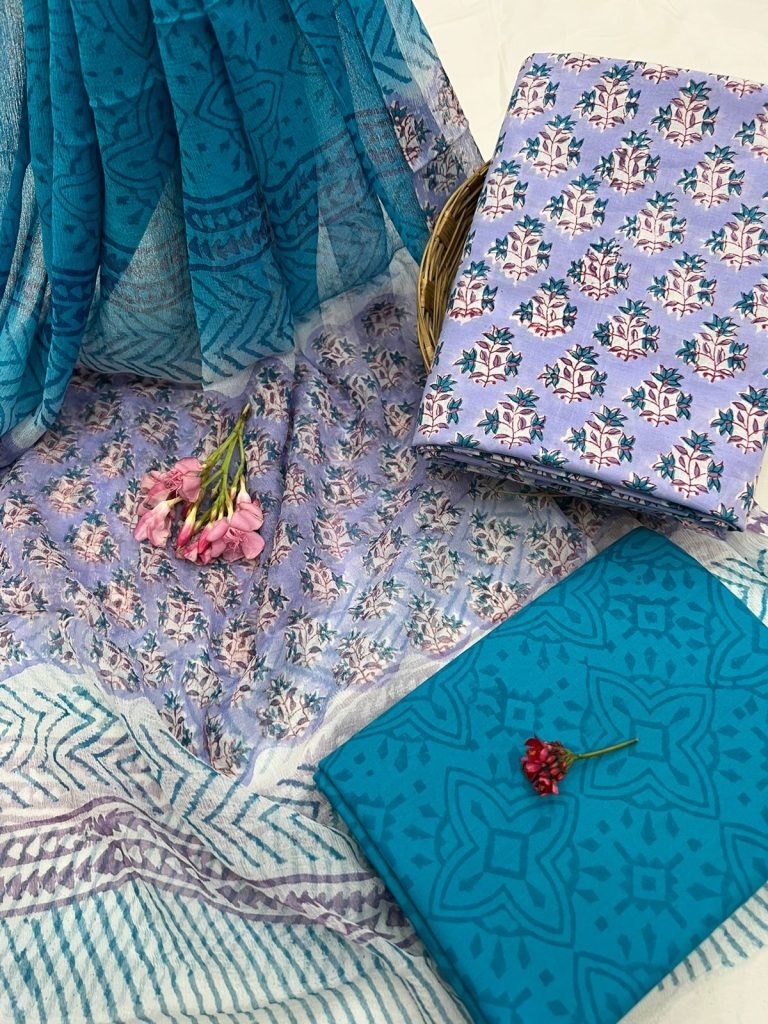 Lavender Blue cotton block print suit material with chiffon dupatta