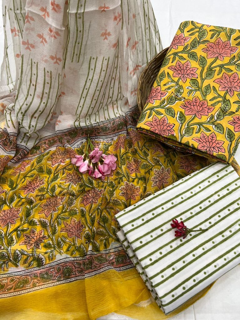 Yellow floral cotton jaipuri block print salwar suit with chiffon dupatta
