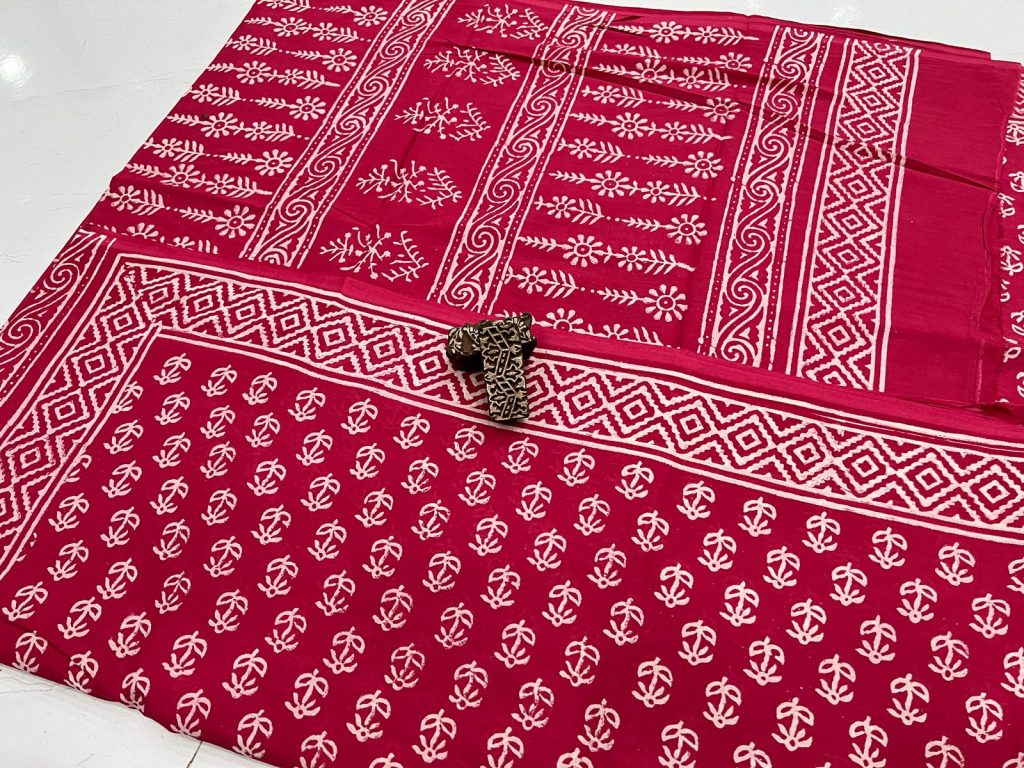 Amaranth hand block printed mulmul cotton sarees with price