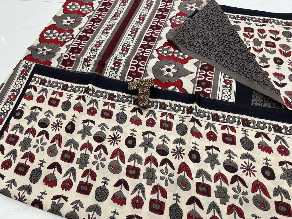 Beige color bagru cotton printed saree