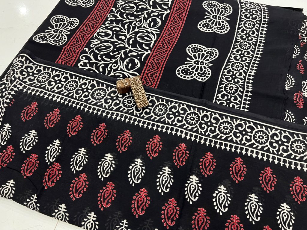 Black and red block printed light weight daily wear saree