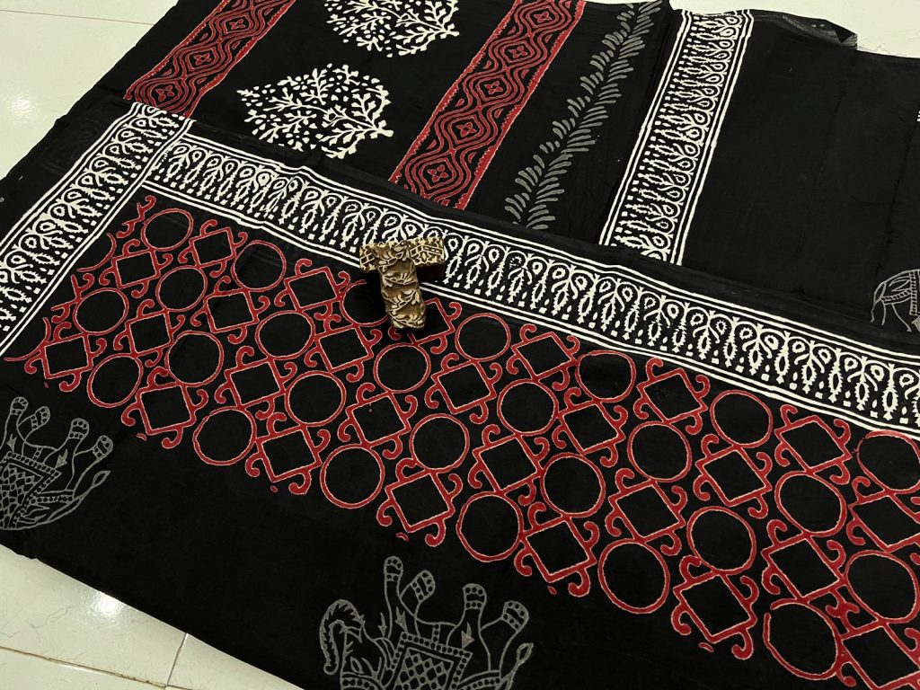 Black and red hand block printed latest daily wear saree