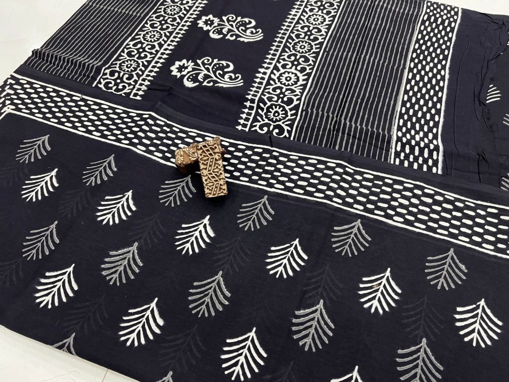Black block print cotton sarees
