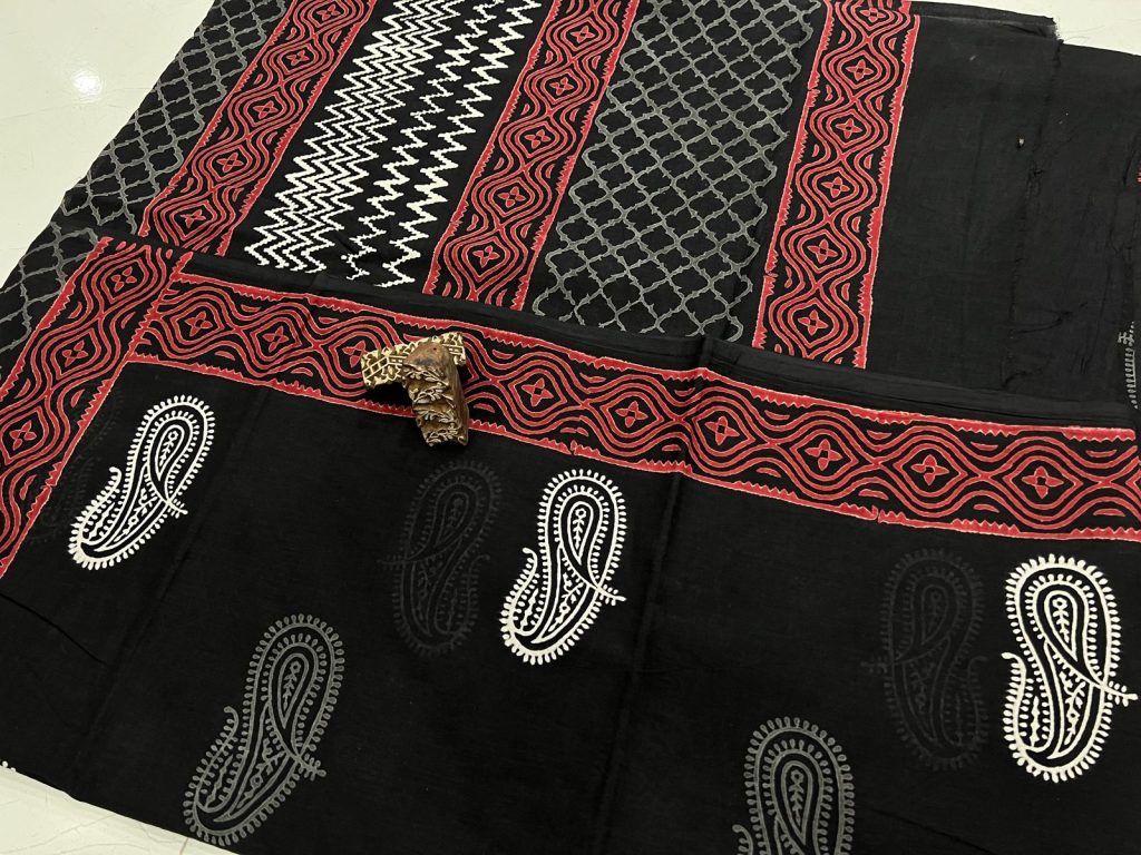 Black hand block printed cotton sarees wholesale
