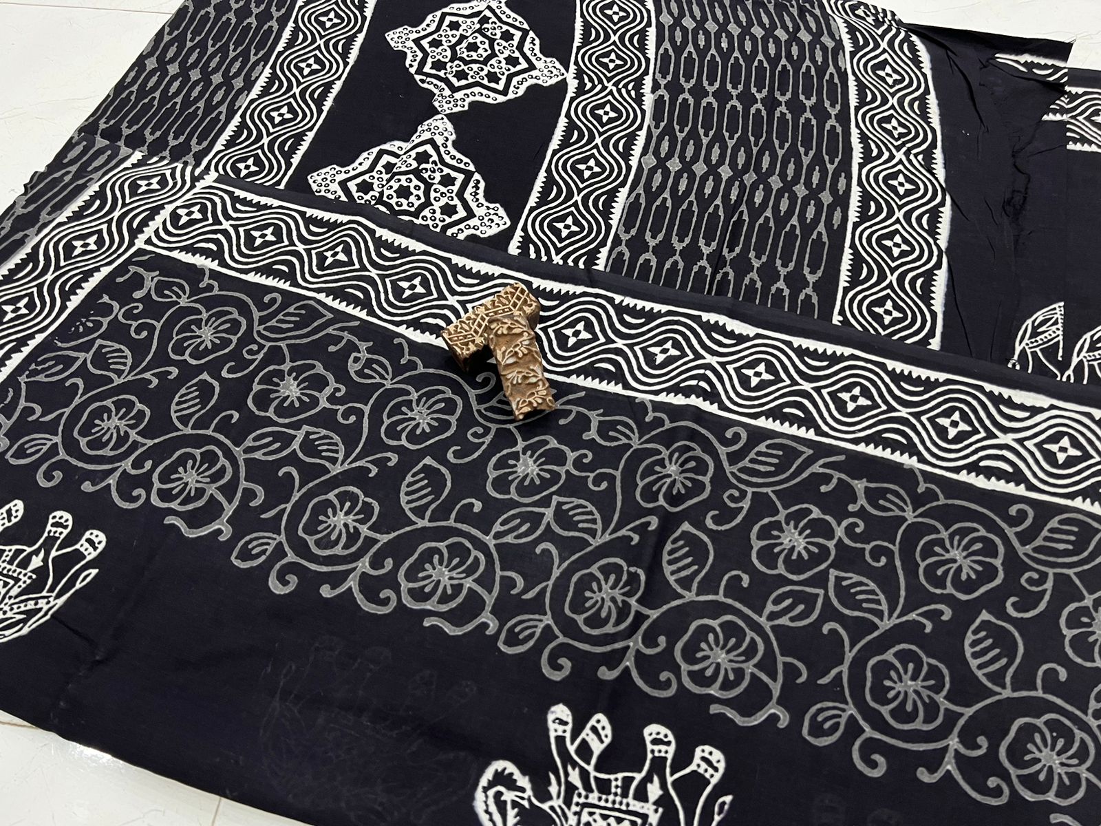 Black hand block printed soft cotton malmal sarees