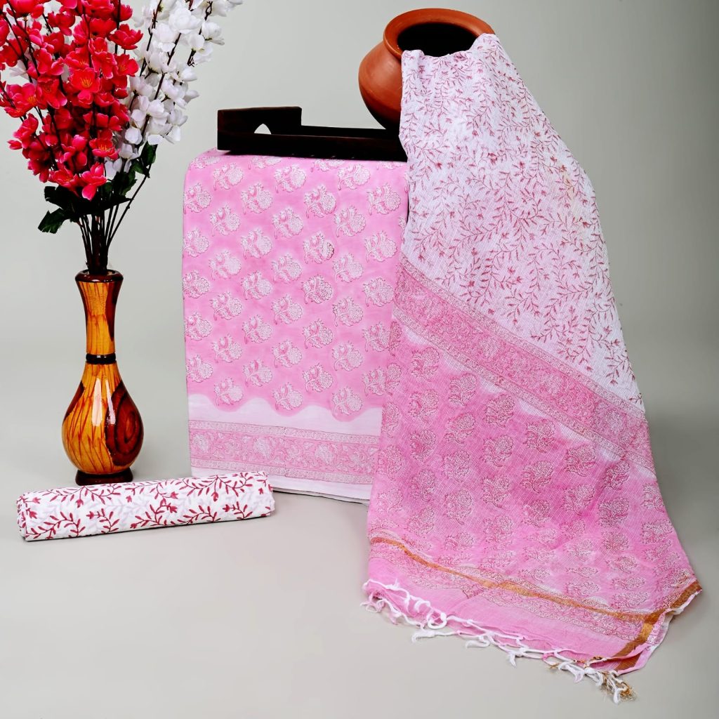 Carnation Pink kota doria dupatta salwar suit for office wear