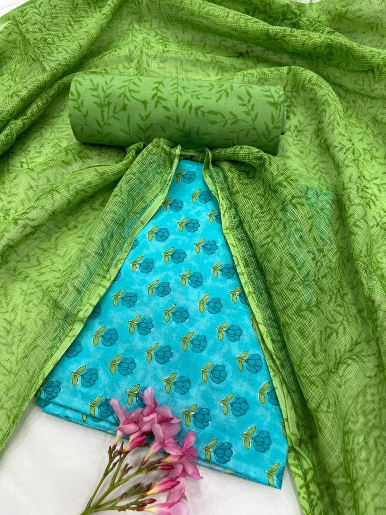 Iris Blue and stem green office wear salwar suits designs with kota doriya dupatta