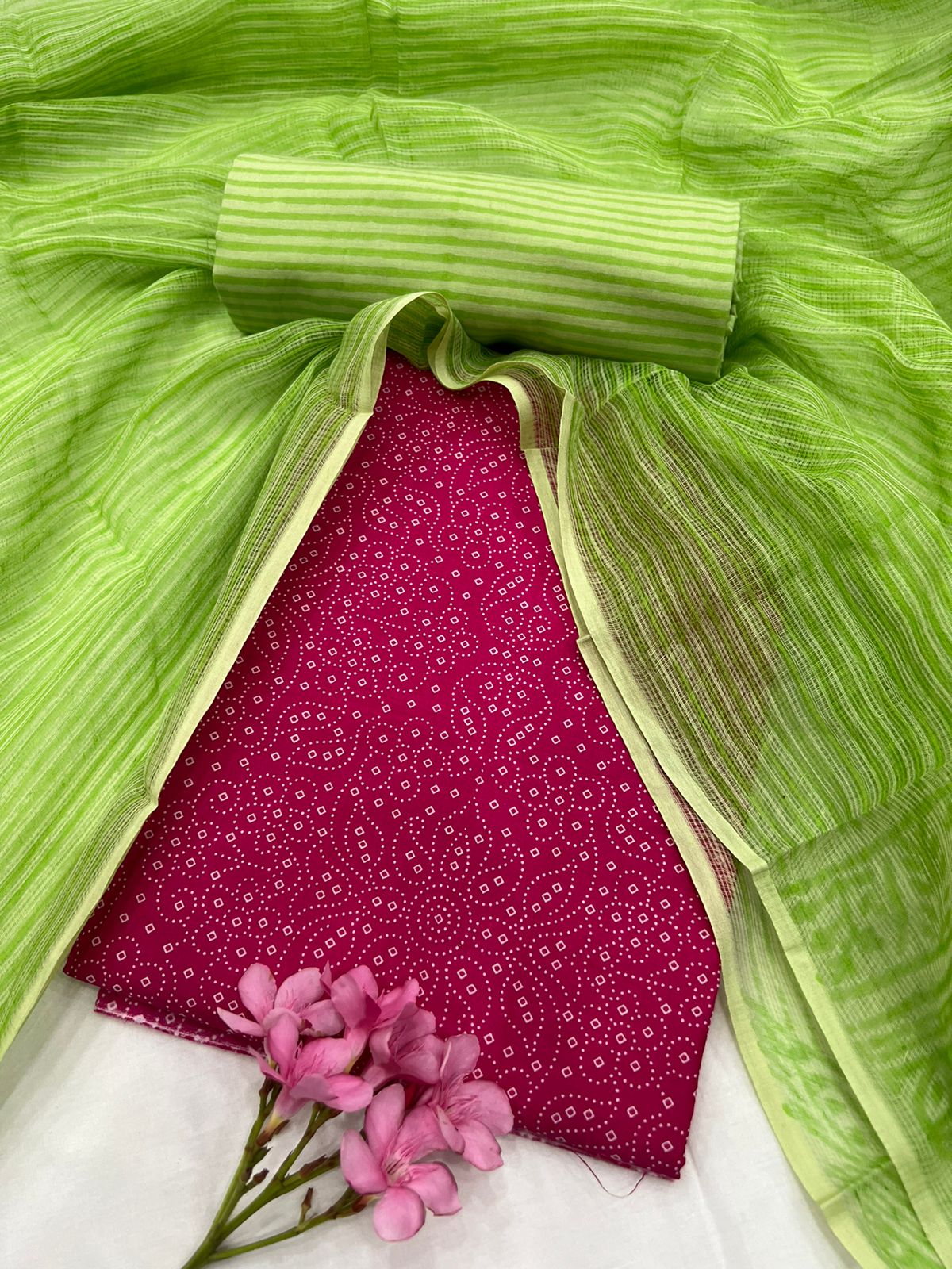Rose Bud Cherry and Chelsea Cucumber green cotton suit with kota dupatta