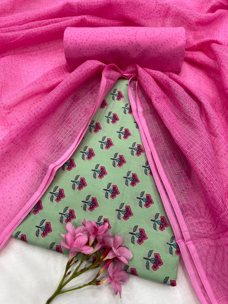 Fizz green and Pink Orchid Mantis cotton suits with kota doria dupatta