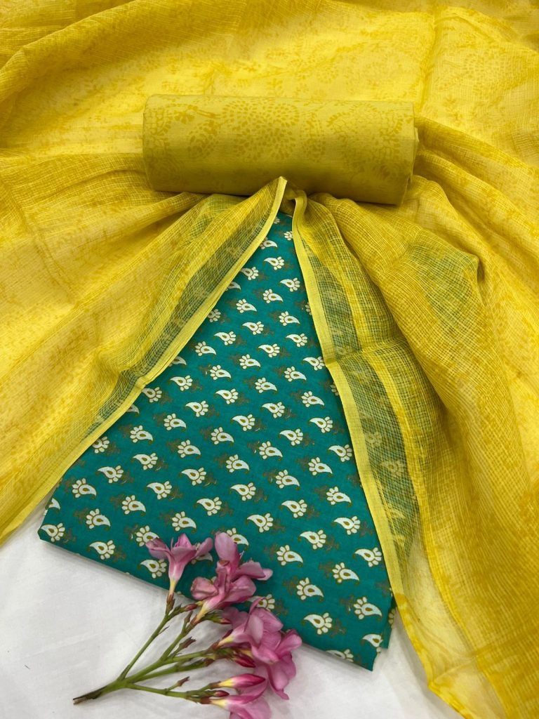 Eden green and yellow Cotton block print suits design with kota doria dupatta