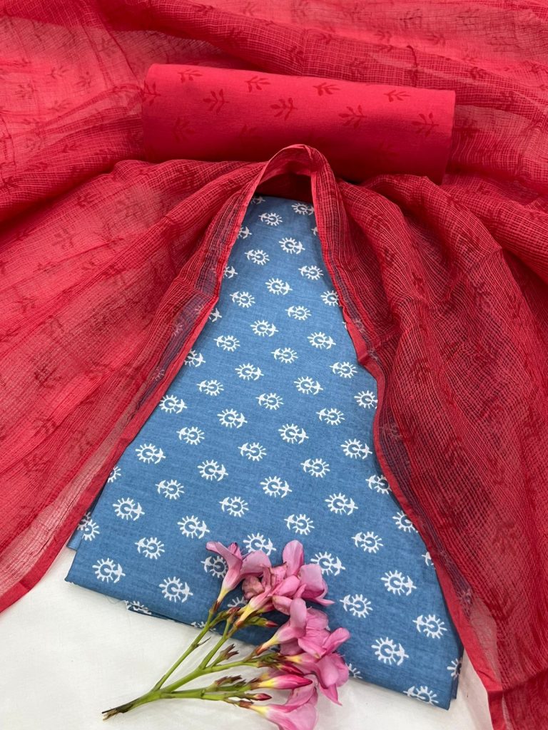 Pacific Coast blue and Heidelberg Red cotton block print suit designs with kota doria dupatta