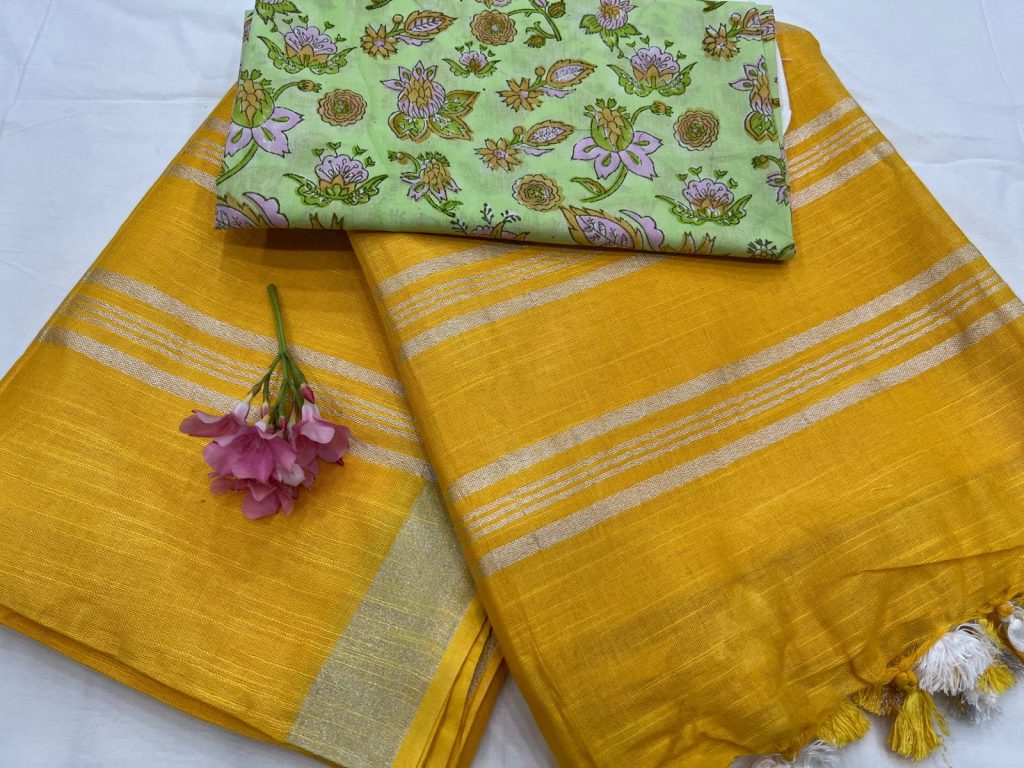 Luxor Gold Plain linen sarees blouse designs