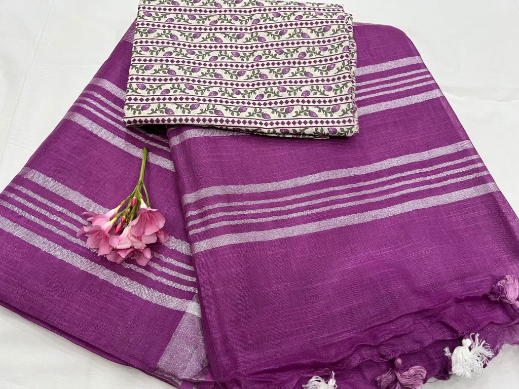 Cannon Pink Plain linen sarees images