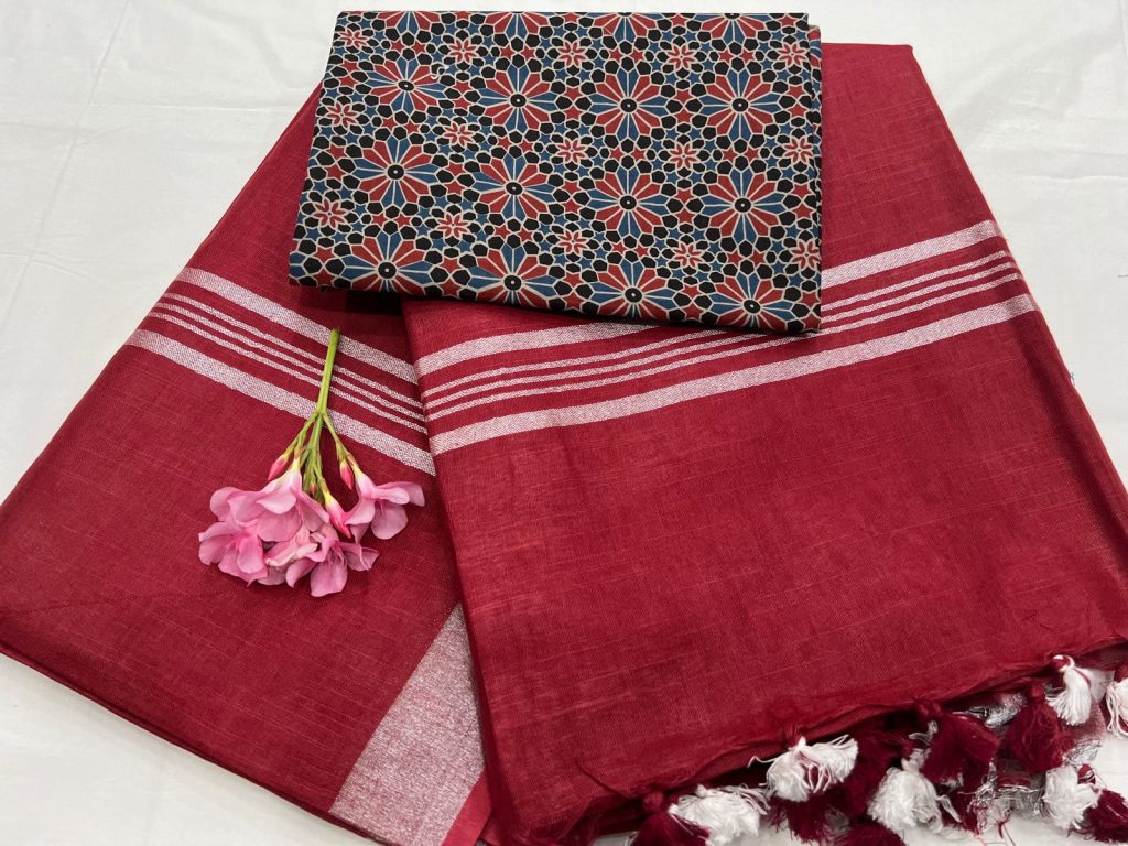 Wine Red Plain linen sarees wholesale with printed cotton blouse