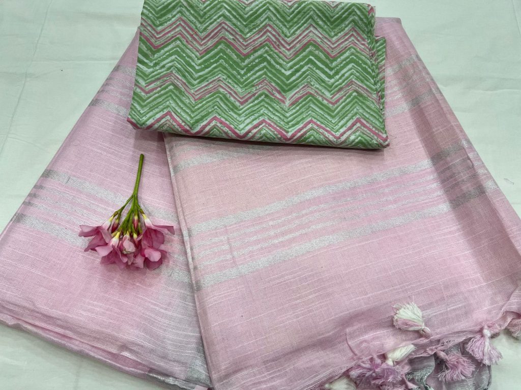 Pink pure organic linen sarees with printed cotton blouse