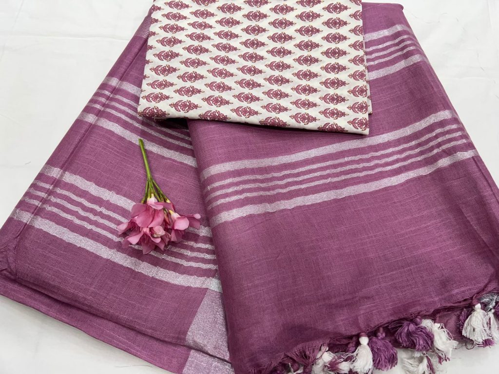 Strikemaster best linen sarees with cotton printed blouse